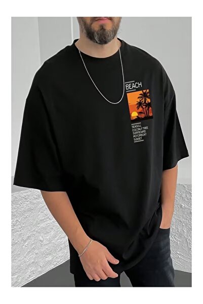 ZİYMO Ανδρικό μπλουζάκι με στάμπα παραλίας, oversized