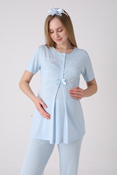 ERDENİZ TEKSTİL Maternity Pajama Dressing Gown Set Jacquard Cardigan Lace Embroidered Buttoned Breastfeeding Cotton 3-Piece Set