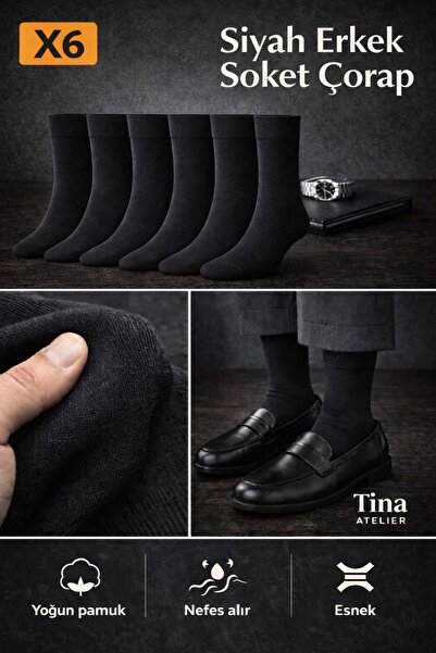 Tina atelier 6 Çift Pamuklu Düz Erkek Uzun Soket Çorap Siyah Set