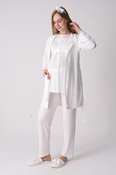 ERDENİZ TEKSTİL Σετ πιτζάμες εγκυμοσύνης και ρόμπας ζακάρ, δαντέλα κεντημένη ...