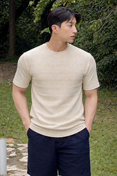BLUE STREET Ribbed Knitwear T-Shirt Men's Slim Fit Summer Premium Basic Top