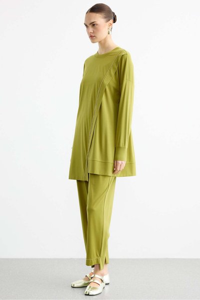 Tığ Triko Cross-Strapped Tunic Layered Pants Set Green