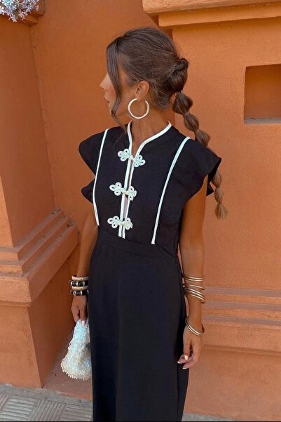 Pulli Collection Λινό φόρεμα μίντι με λεπτομέρεια σε αντίθεση