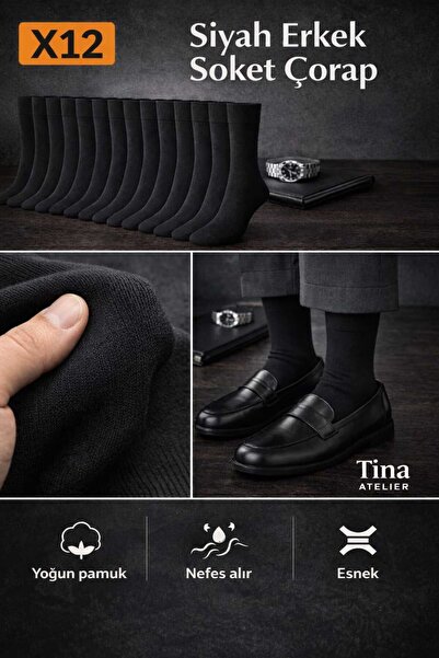 Tina atelier 12 Çift Pamuklu Düz Erkek Uzun Soket Çorap Siyah Set