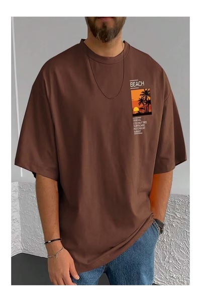 ZİYMO Ανδρικό μπλουζάκι με στάμπα παραλίας, oversized