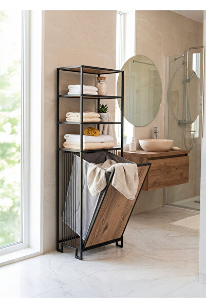 UYKULA 4 Raflı Metal Banyo Düzenleyici Kirli Sepetli Çok Amaçlı Organizer Siyah