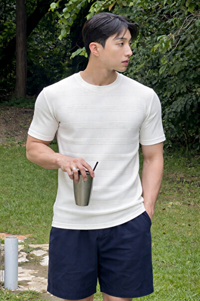 BLUE STREET Ribbed Knitwear T-Shirt Men's Slim Fit Summer Premium Basic Top