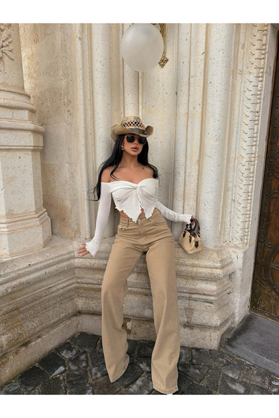 kırmızı butiks Μπεζ παντελόνι με φαρδιά μπατζάκια