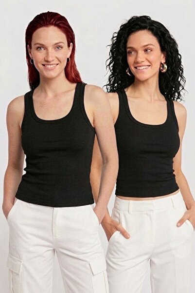 Lady Bom Kadın 2'li Set Premium Ribanalı Kaşkorse Siyah Basic Fitilli Pamuklu...