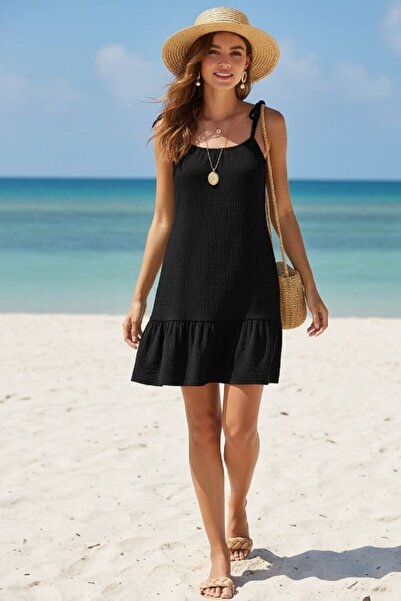 R ROCKBLACK Γυναικείο μαύρο φόρεμα παραλίας με φαρδιά γραμμή και βολάν