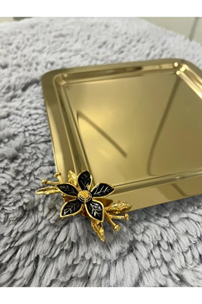 ciess dekor Paslanmaz Çelik Kare Gold Papatya Aksesuarlı Lüx Sunum Tepsisi