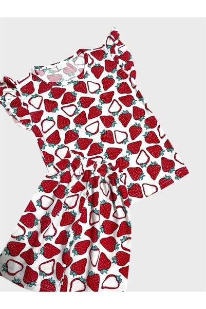 tusem butik homewear Girls Cotton White Red Strawberry Patterned Ruffled Sleeves Shorts Summer Pajama Set