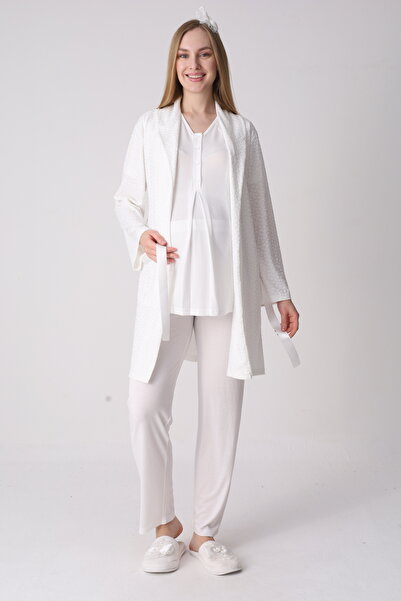 ERDENİZ TEKSTİL Σετ πιτζάμες εγκυμοσύνης και ρόμπας, με γιακά σάλι ζακάρ, δαν...