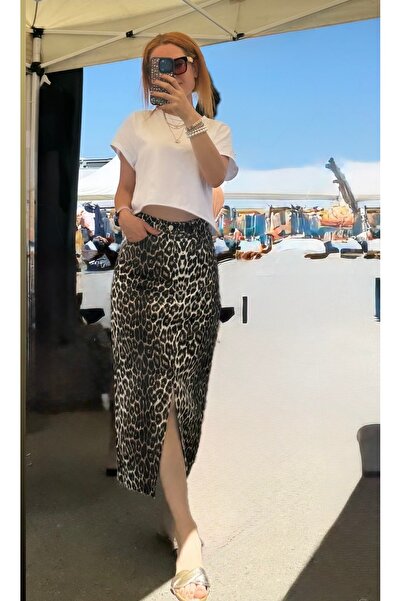 HERA Leopar denim etek kahverengi