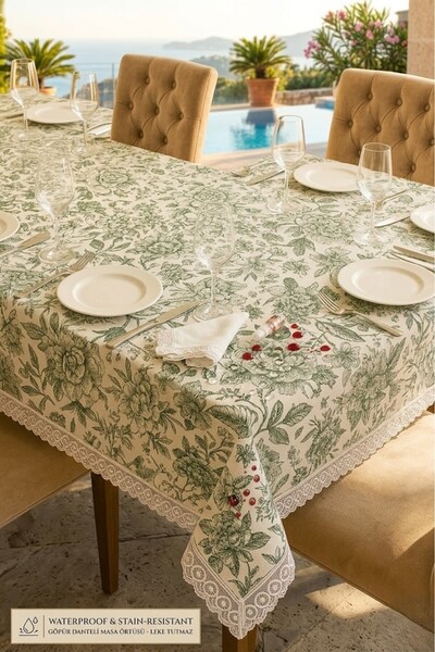 Rona Home Αδιάβροχο, ανθεκτικό στους λεκέδες, πράσινο τραπεζομάντιλο με φλορά...