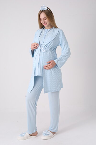 ERDENİZ TEKSTİL Σετ πιτζάμες εγκυμοσύνης και ρόμπα με υφή, γιακά σάλι με ζώνη...