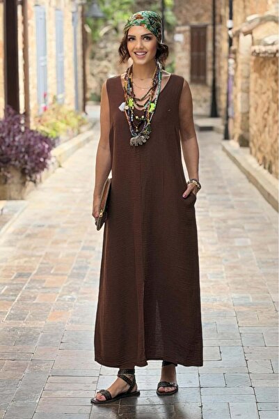 Nevin Kaya Moda Καφέ φόρεμα μουσελίνας με σκίσιμο μπροστά