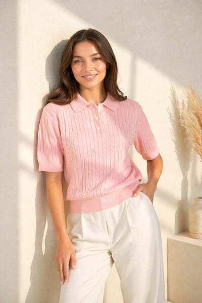 Ferraro Γυναικεία ροζ πλεκτή μπλούζα με λαιμόκοψη πόλο, από βαμβάκι και βισκό...