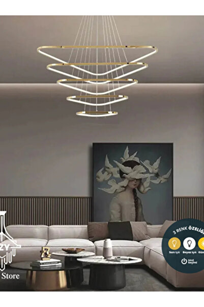 Lzy Avize Store Lüks Gold Üçgen Sarkıt 120 cm LED Avize - Kumandalı & Dim Edi...
