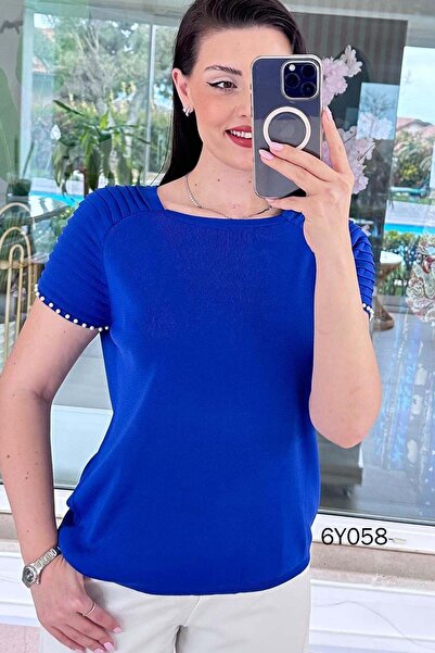 İnce Topuk Μπλούζα Πλεκτή Mercerized με Πέρλες στα Μανίκια 6y058