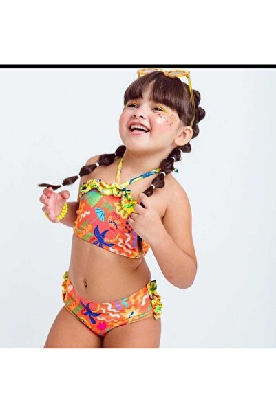 kr kids طقم بيكيني ملون منقوش بكشكشة للفتيات