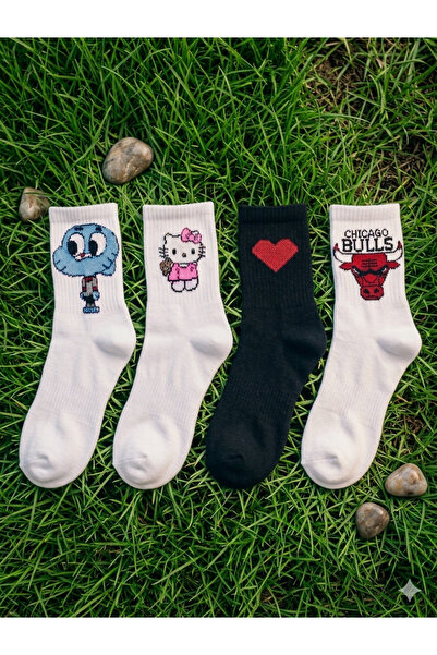 Lideral Unisex 4'lü Karma Paket Çizgi Karakter Nakışlı Kolej Çorap Seti