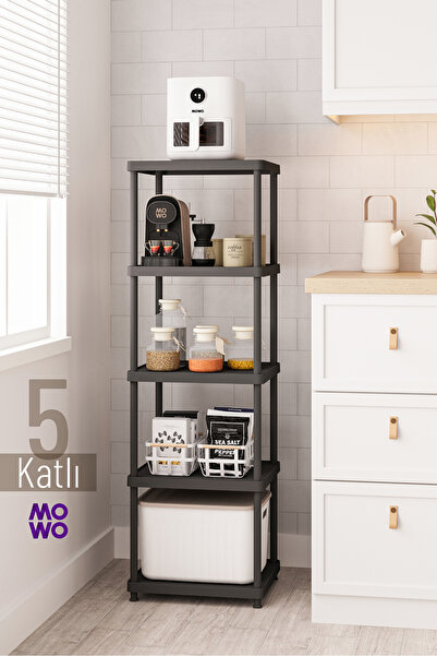 MOWO 5 Katlı Siyah 40x33 Plastik Mutfak Raf Sistemi, Banyo Rafı, Kiler, Kitap...