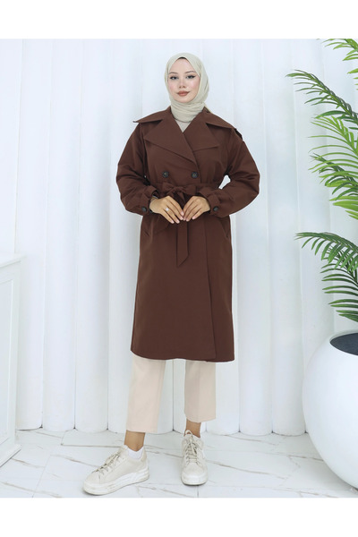 TATULA Double Buttoned Trench Coat with Belt Detail