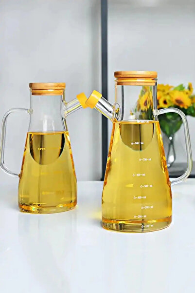 Tuppee Bambu Standlı 2'li Cam Yağlık Sirkelik Seti 900 ml Ölçekli