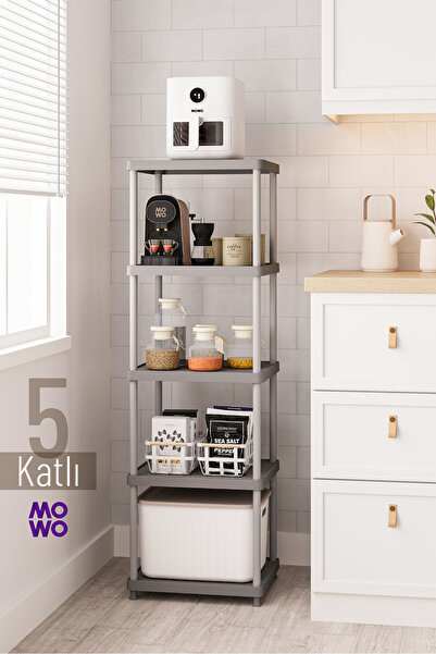 MOWO 5 Katlı Gri 40x33 Plastik Mutfak Raf Sistemi, Banyo Rafı, Kiler, Kitaplı...