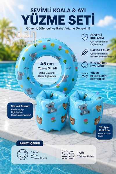 Fidan oyuncak Sevimli Koala & Ayı Çocuk Yüzme Seti – 45 cm Simit & Yürüyen Pr...