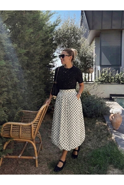 My Blog Εκρού Μίντι Φούστα Μπαλόνι με Πουά - 8014