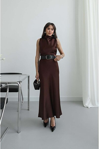 Havoş Καφέ Φόρεμα Μάξι Σατέν με Φαρδιά Ζώνη