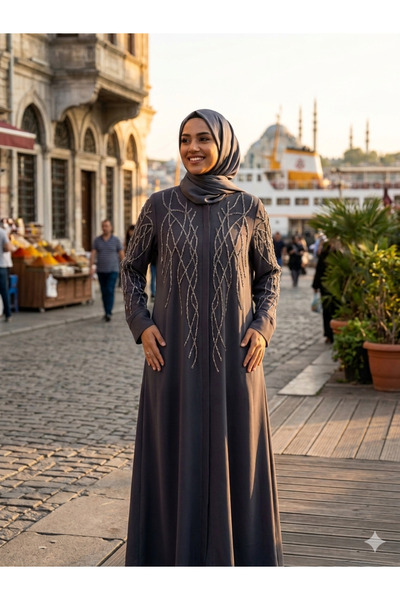 diğer588 Taşlı Gizli Fermuar Abaya Abiye