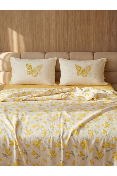 LC Waikiki Κίτρινο φλοράλ βαμβακερό σετ πικέ διπλού μεγέθους