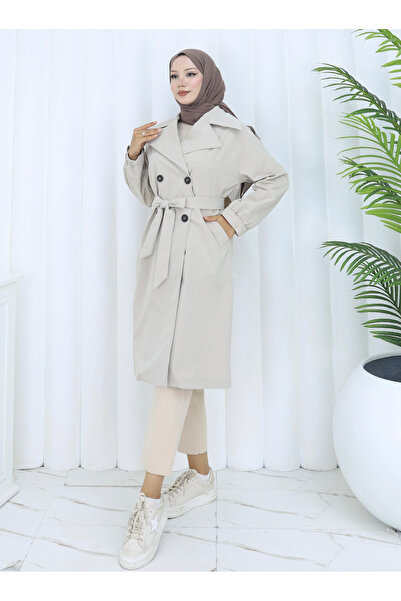 TATULA Double Buttoned Trench Coat with Belt Detail