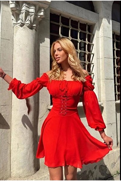 NEW JOURNAL Γυναικείο Κόκκινο Μίνι Φόρεμα Σιφόν με Λεπτομέρεια και Φόδρα YEL2...