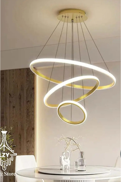 LZYMSZ Modern Gold 3 Halkalı LED Sarkıt Avize - Kumandalı 3 Renkli & Şekli Ay...
