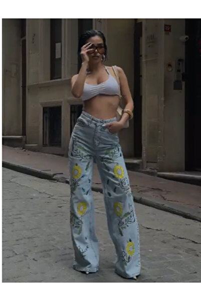 GAMZE ALPTEKİN Παντελόνι τζιν υψηλής ποιότητας με φλοράλ κέντημα και φαρδιά μ...