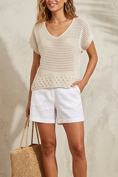 mefru Γυναικείο πλεκτό πουλόβερ με βαθύ λαιμόκοψη, χαλαρό, μποέμικο στυλ παρα...