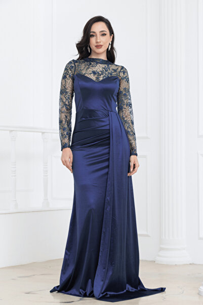 BEYBOS Rochie de seara din satin cu detalii din dantela - ALBASTRU INCHIS