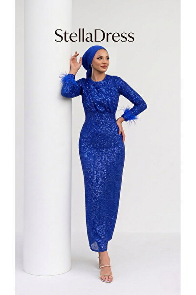 StellaDress Kolu Tüylü Pul Payetli Tesettür Abiye