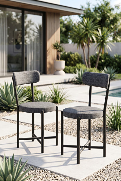 GOLDFALEZ Sandalye 2 Adet Keten Kumaş Metal Ayak Modern Mutfak Sandalyesi Cafe Balkon Ofis Teddy 9813 Antrasit