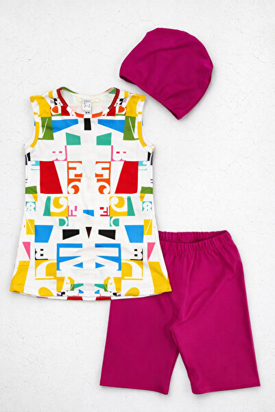 Beniizle Σετ μαγιό για κορίτσια 3 τεμαχίων με στάμπα και χωρίς μανίκια