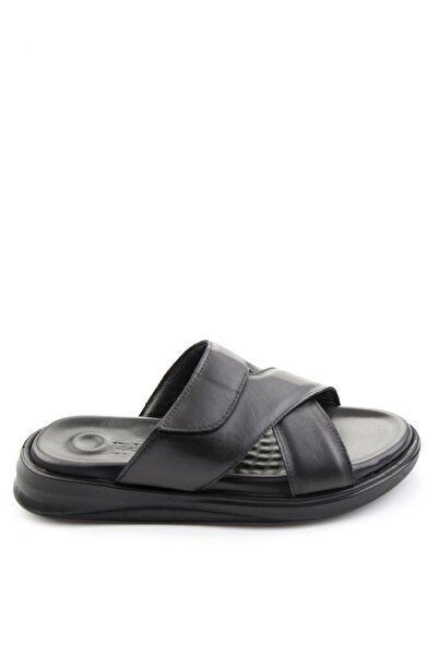 Bambi Μαύρες ανδρικές παντόφλες από γνήσιο δέρμα E04433002003