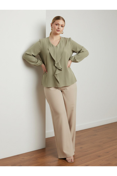 PERA MODA Plus Size Front Ruffle Modal Blouse Shirt