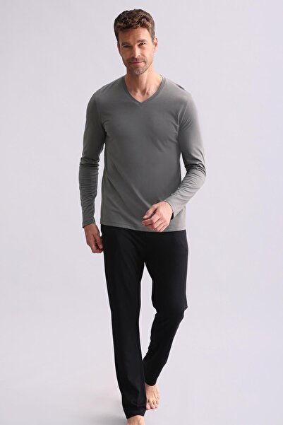 Mısırlı Egyptian Men's Modal & Cotton Blend Long Sleeve V-Neck Pajama Set Gra...