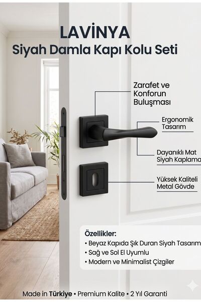 Lavinya Damla Model Μαύρο Ματ Τετράγωνο Σήμα Λαβή Πόρτας Δωματίου / 1 Σετ