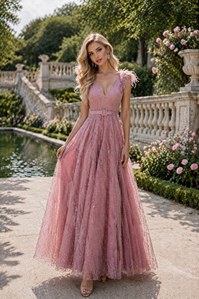 Divin store Κομψό γαλάζιο φόρεμα από οργάντζα με φουσκώματα και αξεσουάρ.