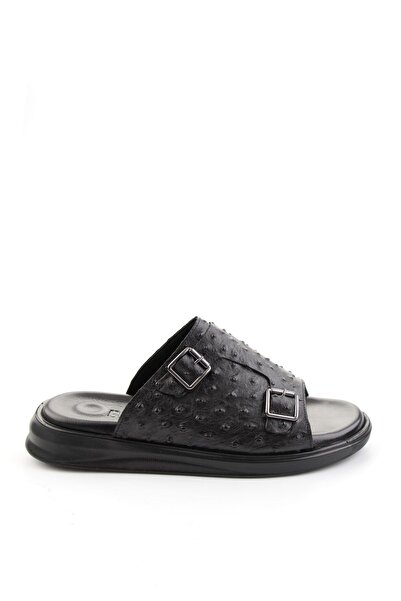 Bambi Μαύρες ανδρικές παντόφλες από γνήσιο δέρμα E04433509010